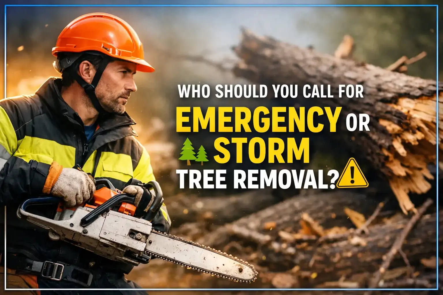 Chainsaw worker in orange helmet clearing storm-damaged trees with text: “Who should you call for emergency or storm tree removal?”