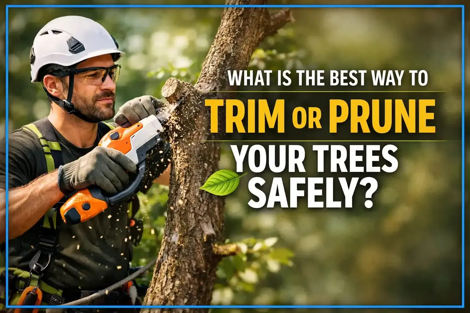 Arborist pruning a tree with a chainsaw, with text asking the best way to trim or prune trees safely.