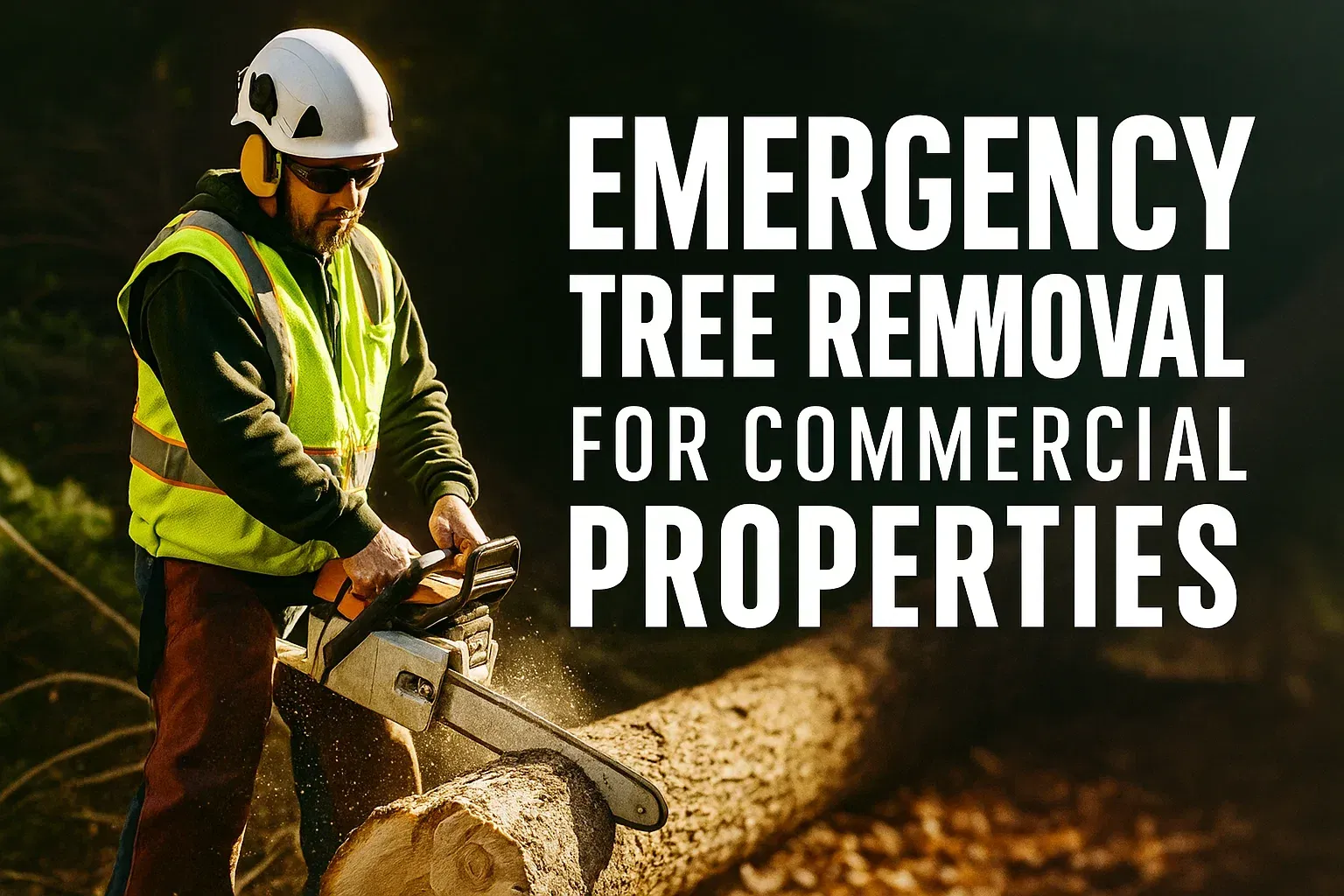 Worker in a hard hat cutting a tree trunk beside bold text: “Emergency Tree Removal for Commercial Properties”