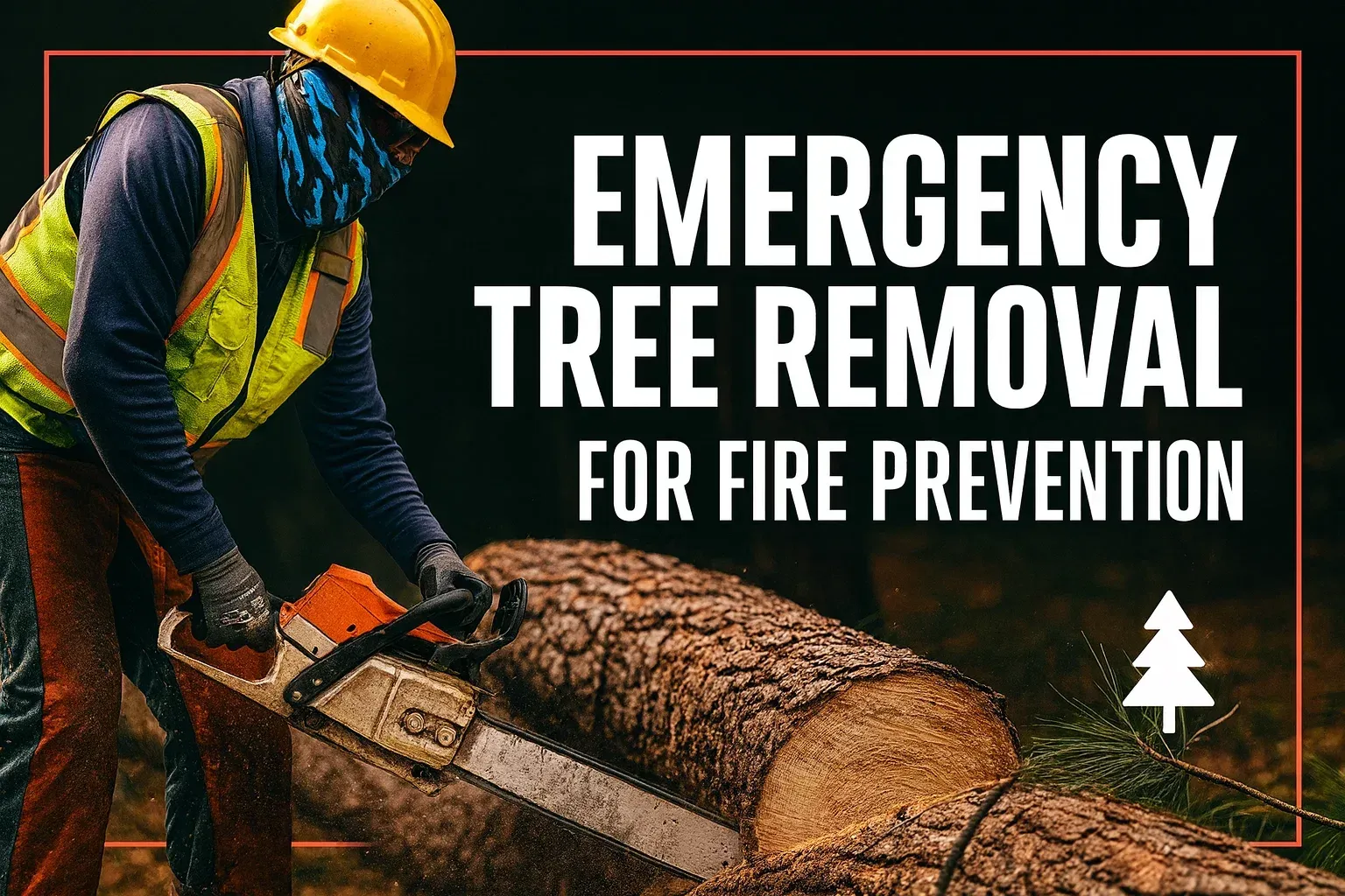 Worker in yellow hard hat cutting a fallen tree with chainsaw; text reads “Emergency Tree Removal for Fire Prevention”