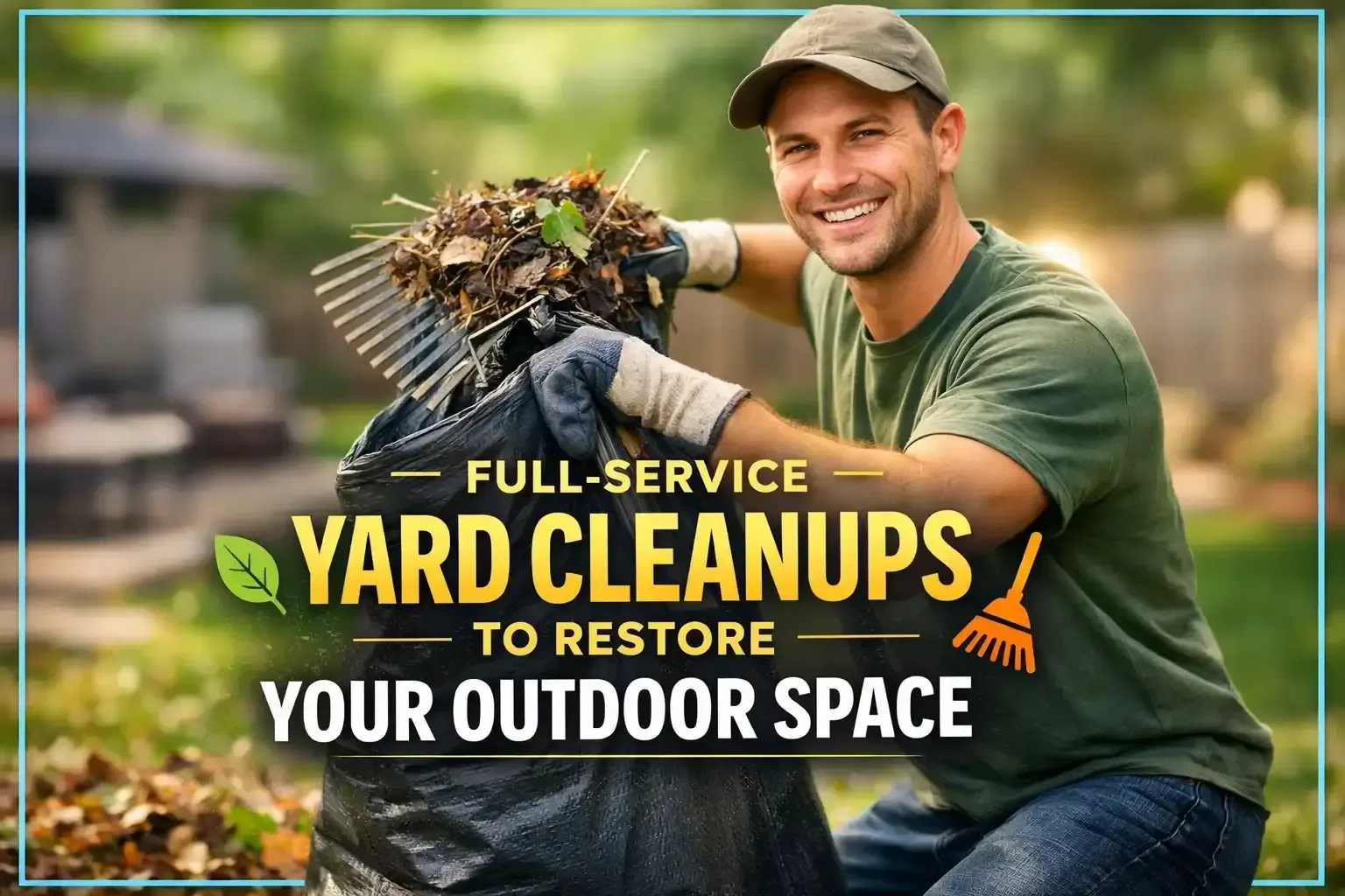 Smiling landscaper holding a bundle of yard debris beside bold text: “Full-service yard cleanups”
