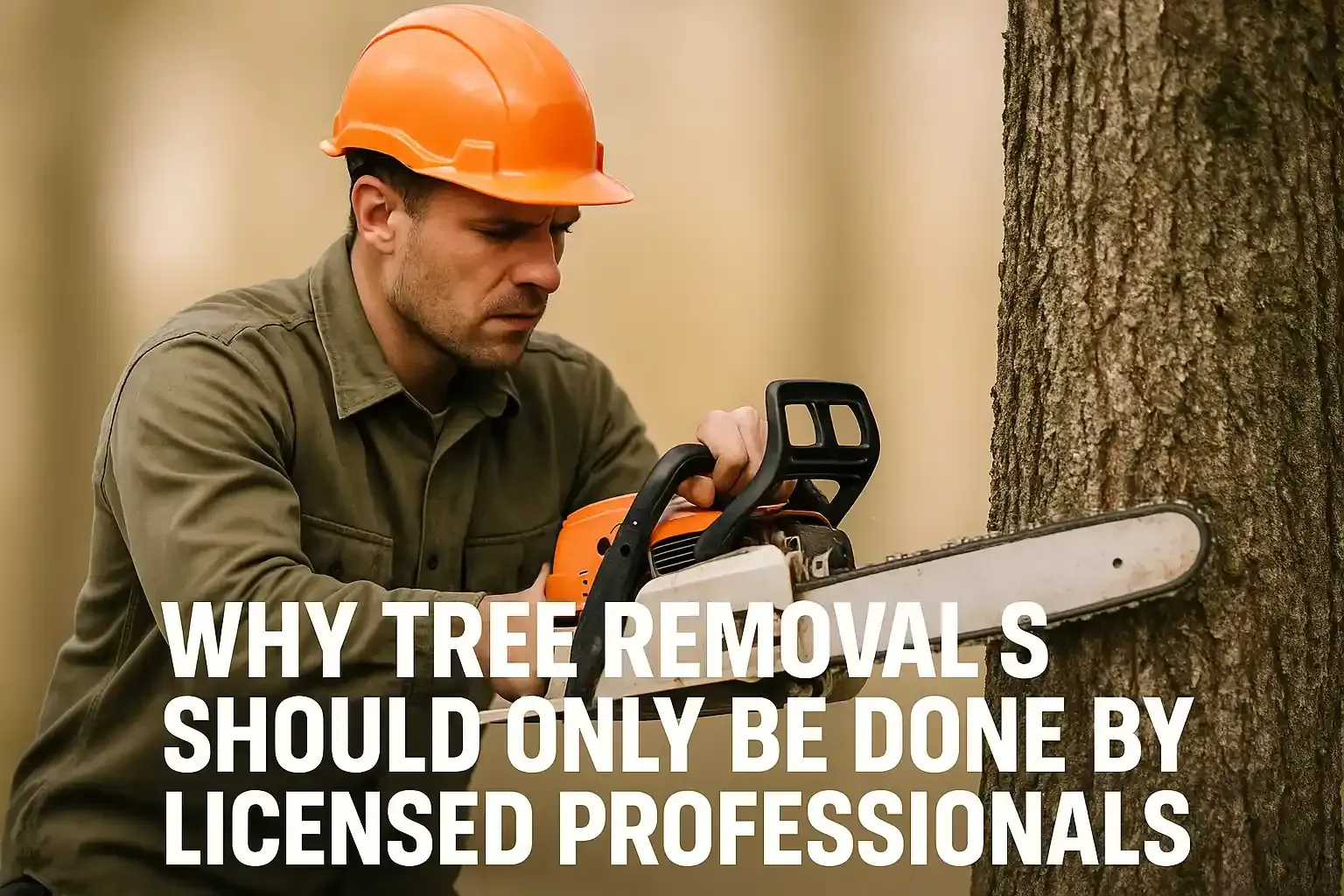 Worker in orange hard hat cutting a tree trunk with a chainsaw; text says tree removal should be done by licensed professionals