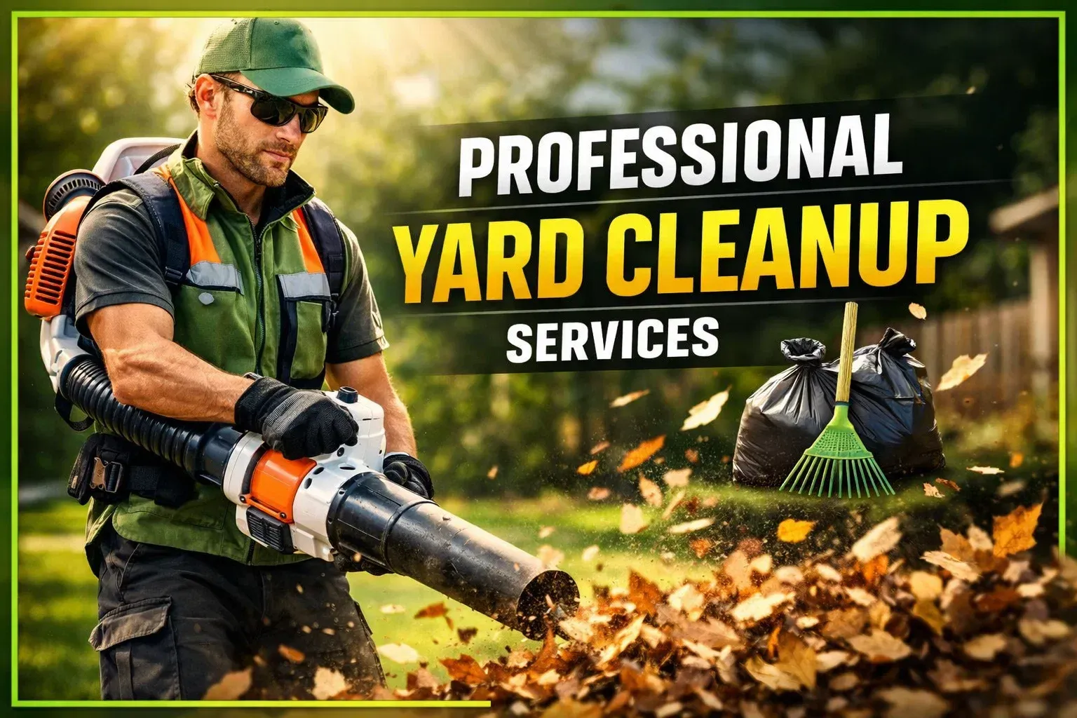 Professional yard cleanup services with a worker using a leaf blower in autumn leaves