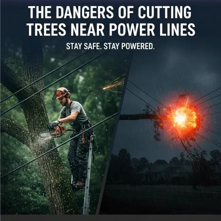 Worker trimming tree near power lines, with warning text and an electrical arc on the right.