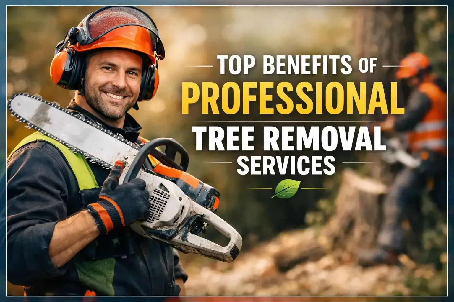 Tree service worker with chainsaw beside text: “Top Benefits of Professional Tree Removal Services”