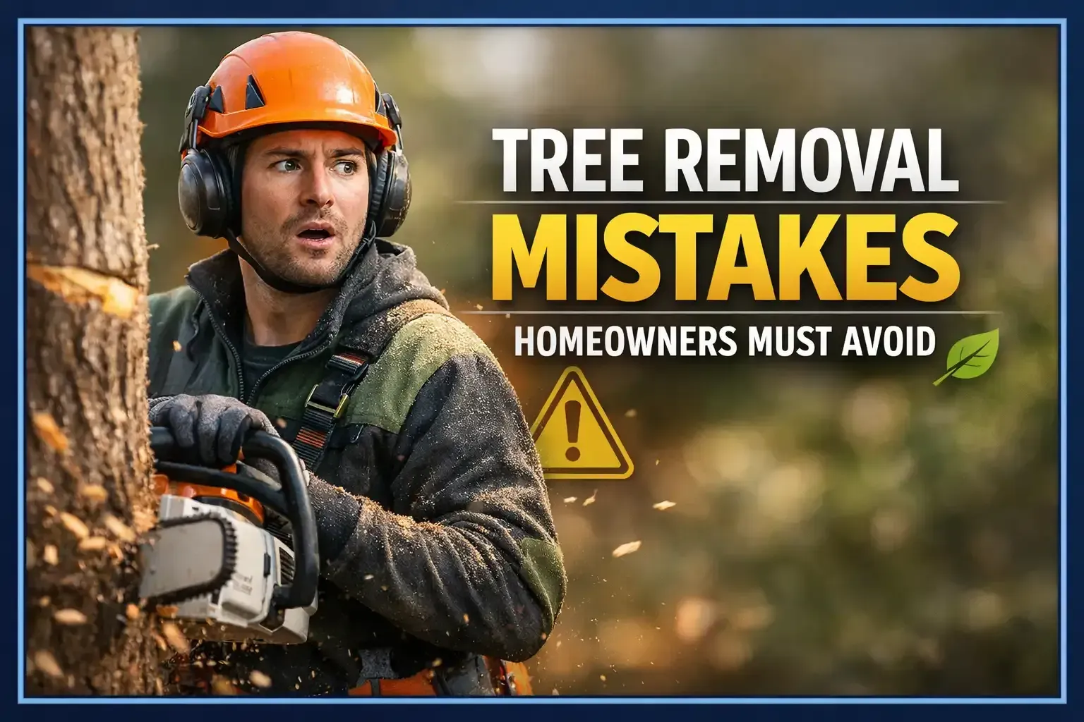 Tree removal worker in orange helmet beside saw, with bold text “TREE REMOVAL MISTAKES HOMEOWNERS MUST AVOID”
