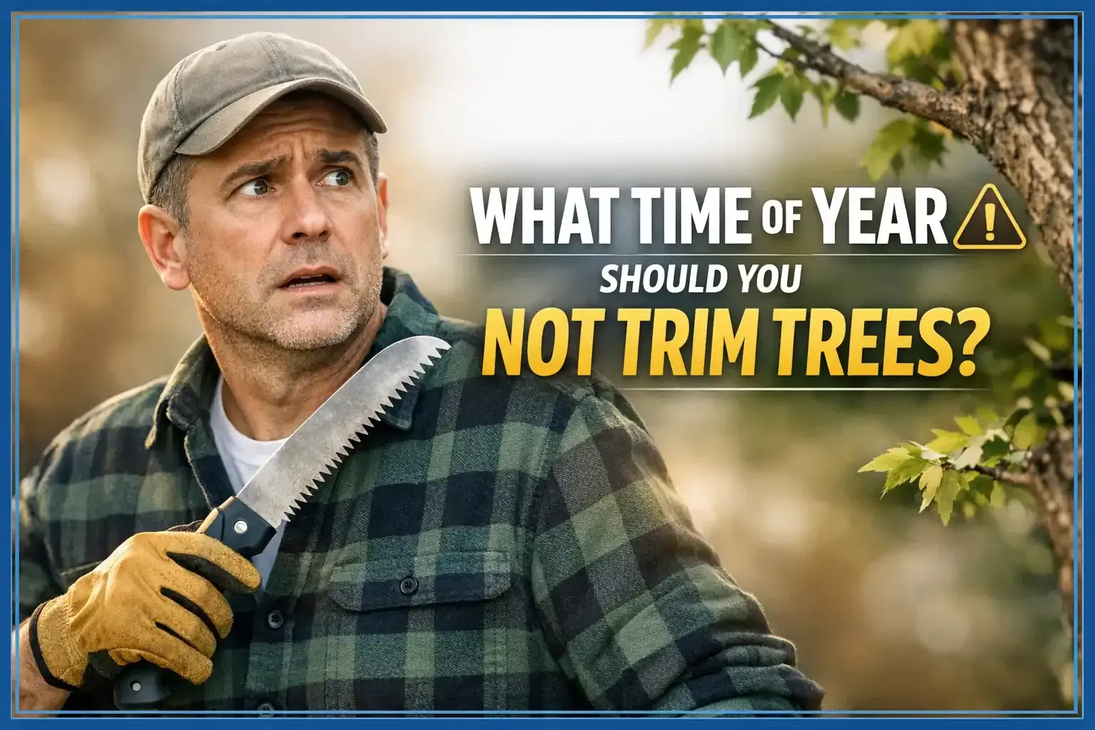 Gardener holding pruning shears beside flowering branches with text: “7 plants you should never prune in winter”