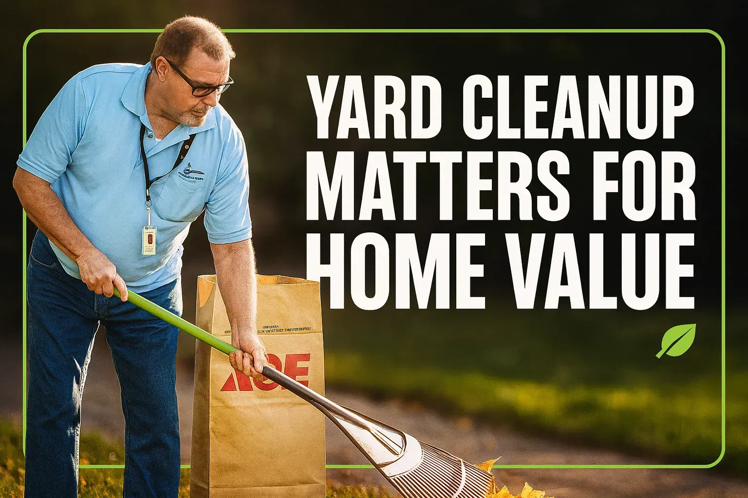 Man raking leaves by a house with text: “Yard cleanup matters for home value”