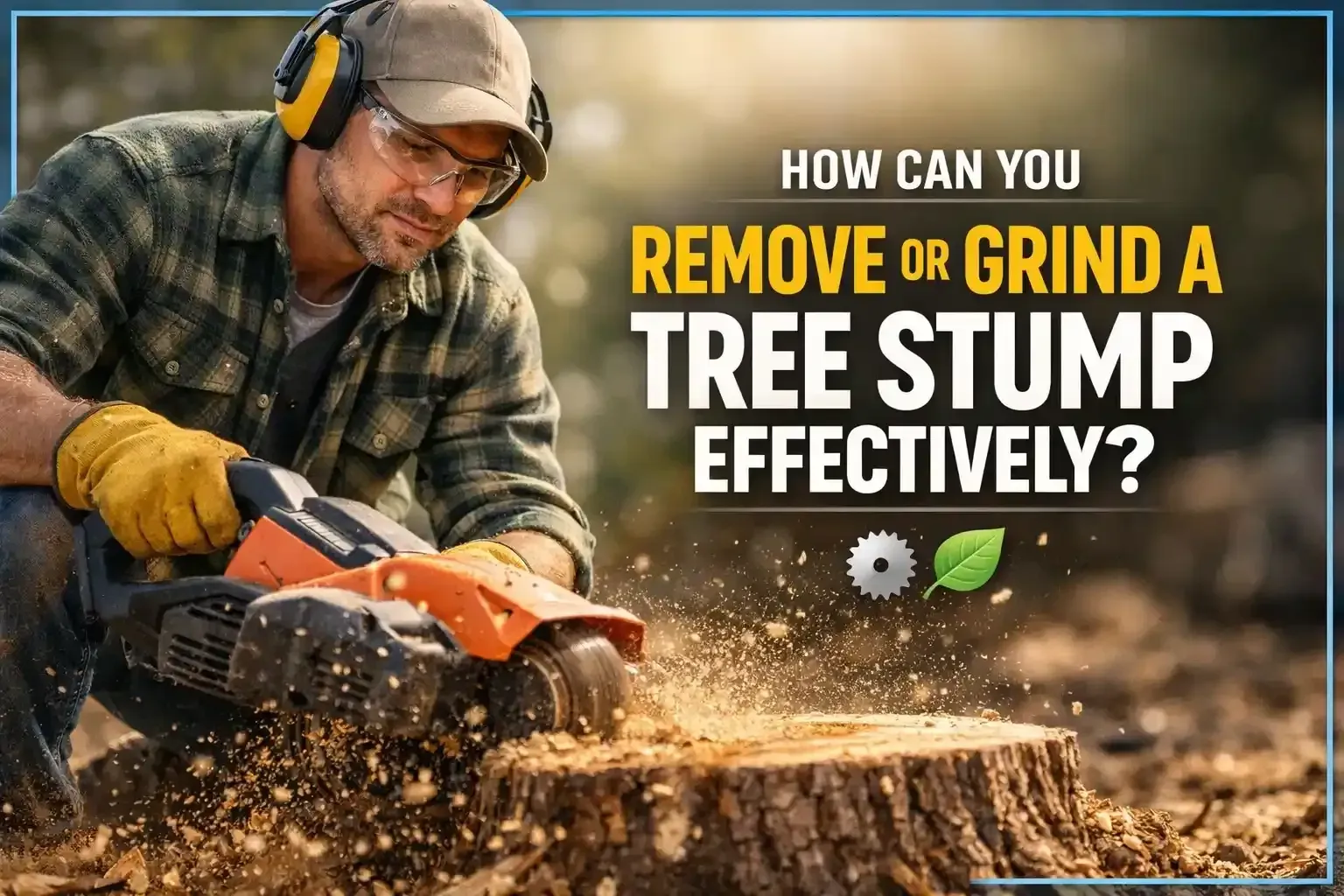 Person grinding a tree stump with a chainsaw; bold text reads, “How can you remove or grind a tree stump effectively?”