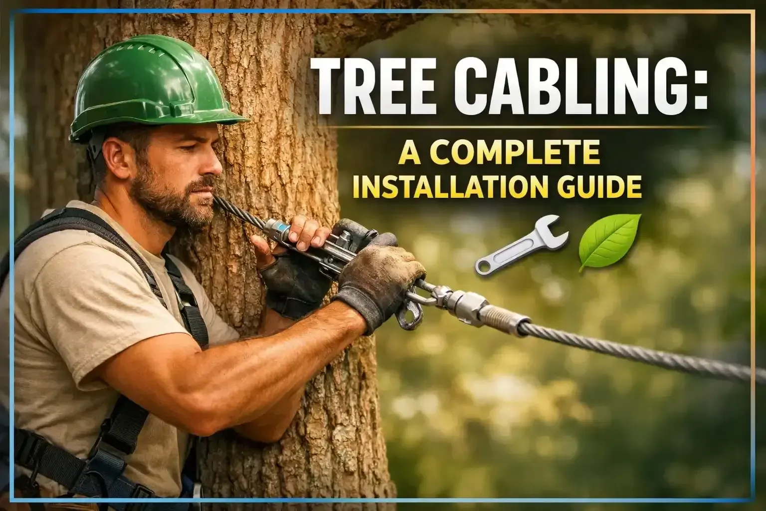Tree cabling installation guide: worker in green hard hat secures a cable around a tree trunk.