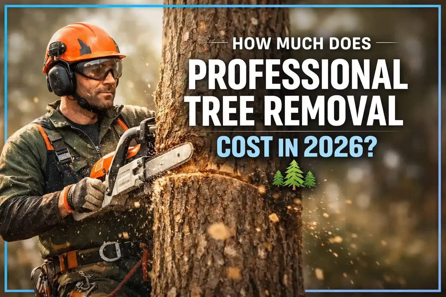 Arborist using a chainsaw beside a tree trunk, with text: “How much does professional tree removal cost in 2026?”