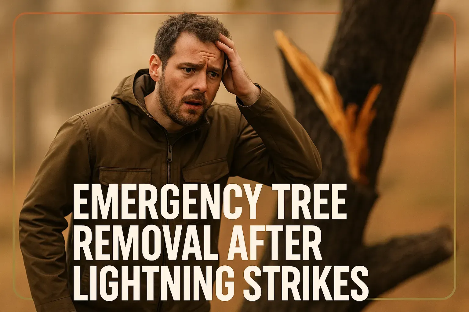 Man holding head beside damaged tree with text: “Emergency tree removal after lightning strikes”