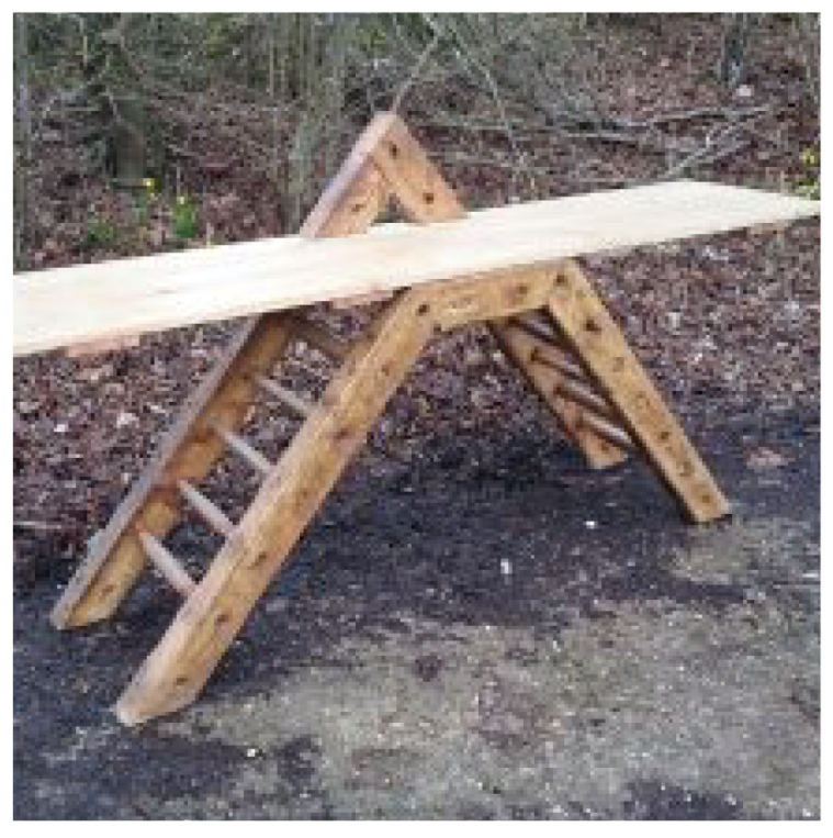 A wooden bench with a ladder attached to it is sitting on the ground.