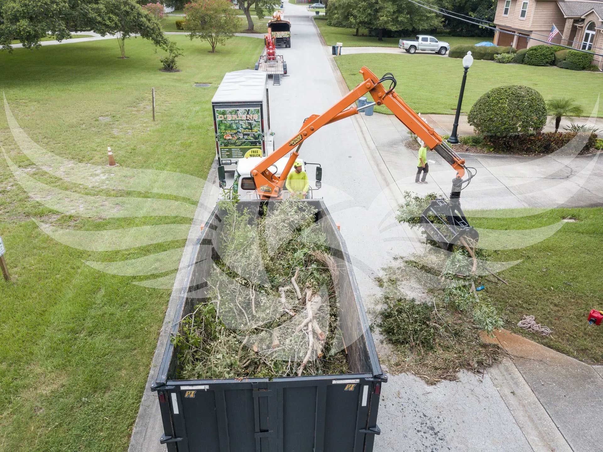 An aerial view of a dump truck filled with branches.