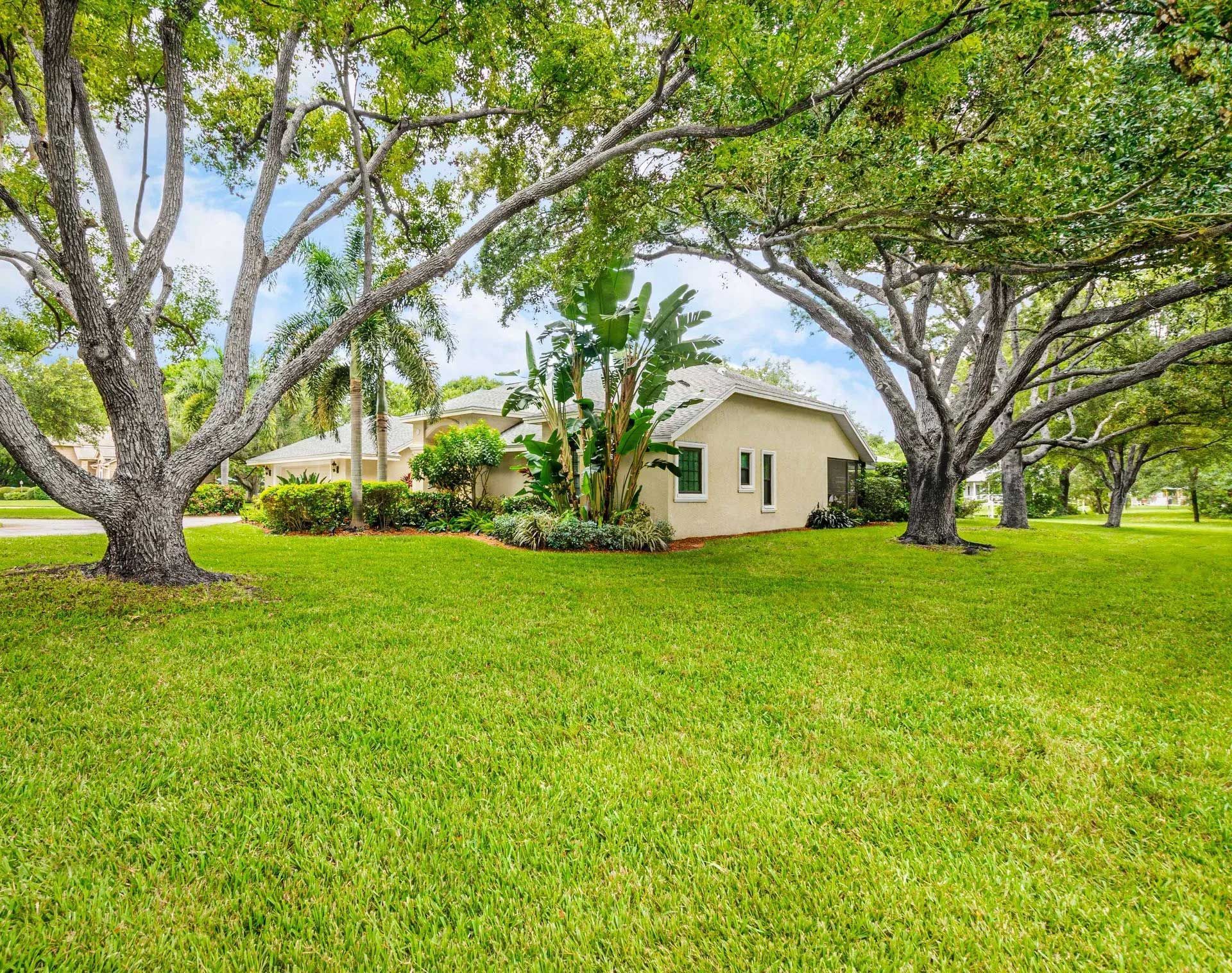A house is sitting in the middle of a lush green field surrounded by trees.
