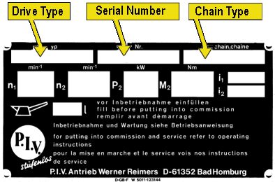 Black label with text fields for a machine's drive type, serial number, and chain type, with German and English instructions.