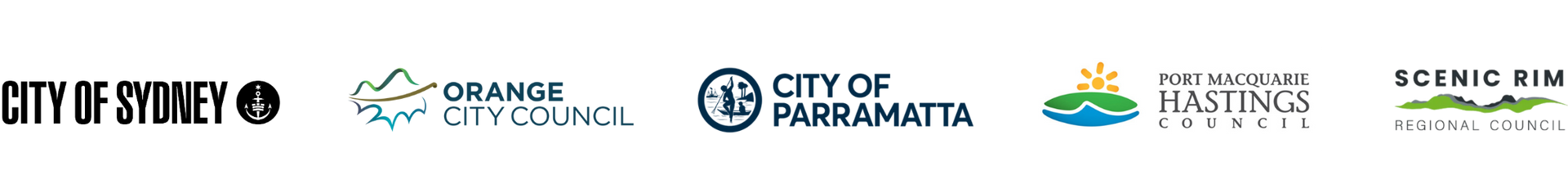 Logos of City of Sydney, City of Canada Bay, City of Parramatta, City of Ryde, and Scenic Rim Regional Council.