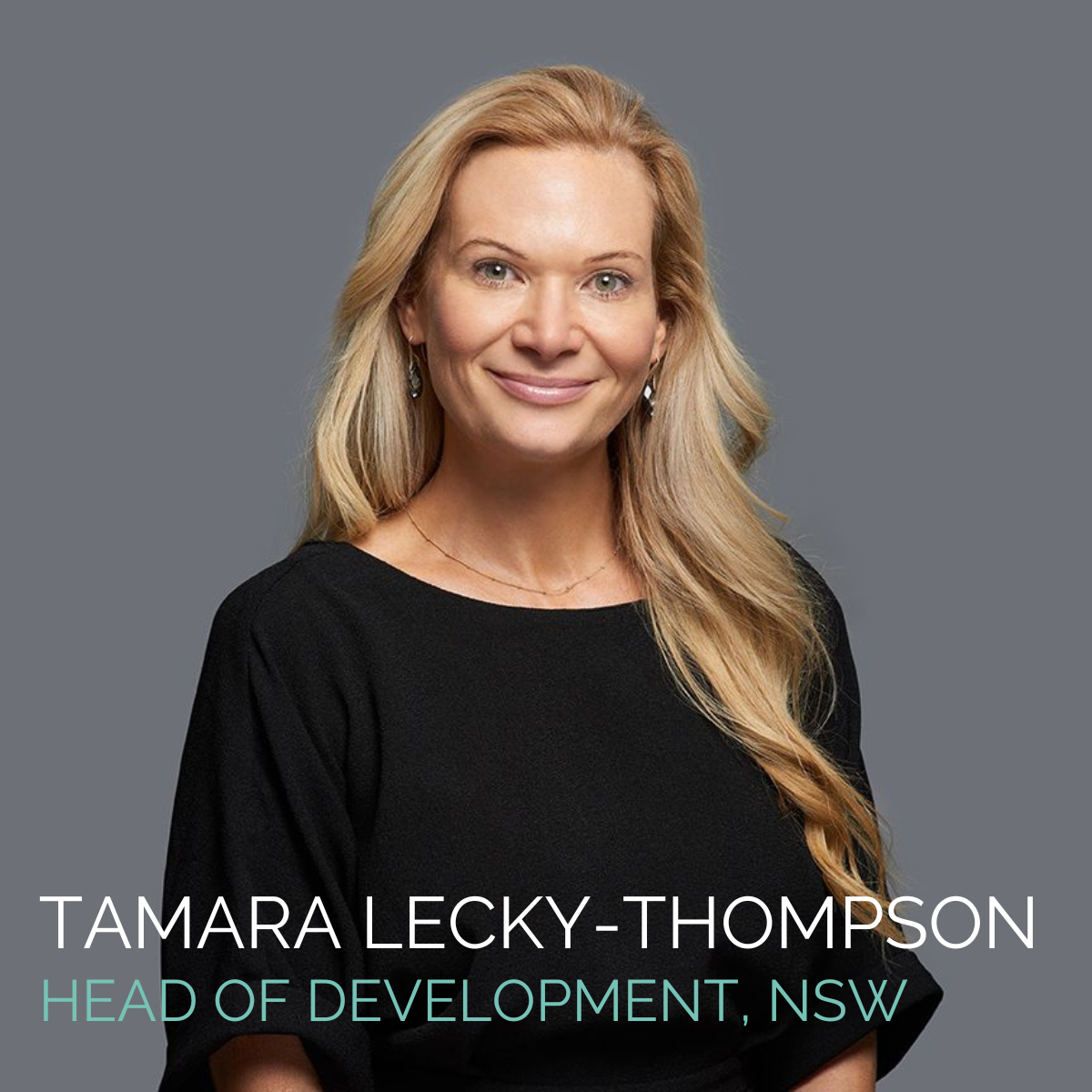 Tamara Lecky-Thompson, Head of Development, NSW. Woman with blonde hair smiles, wearing a black top, against a gray background.