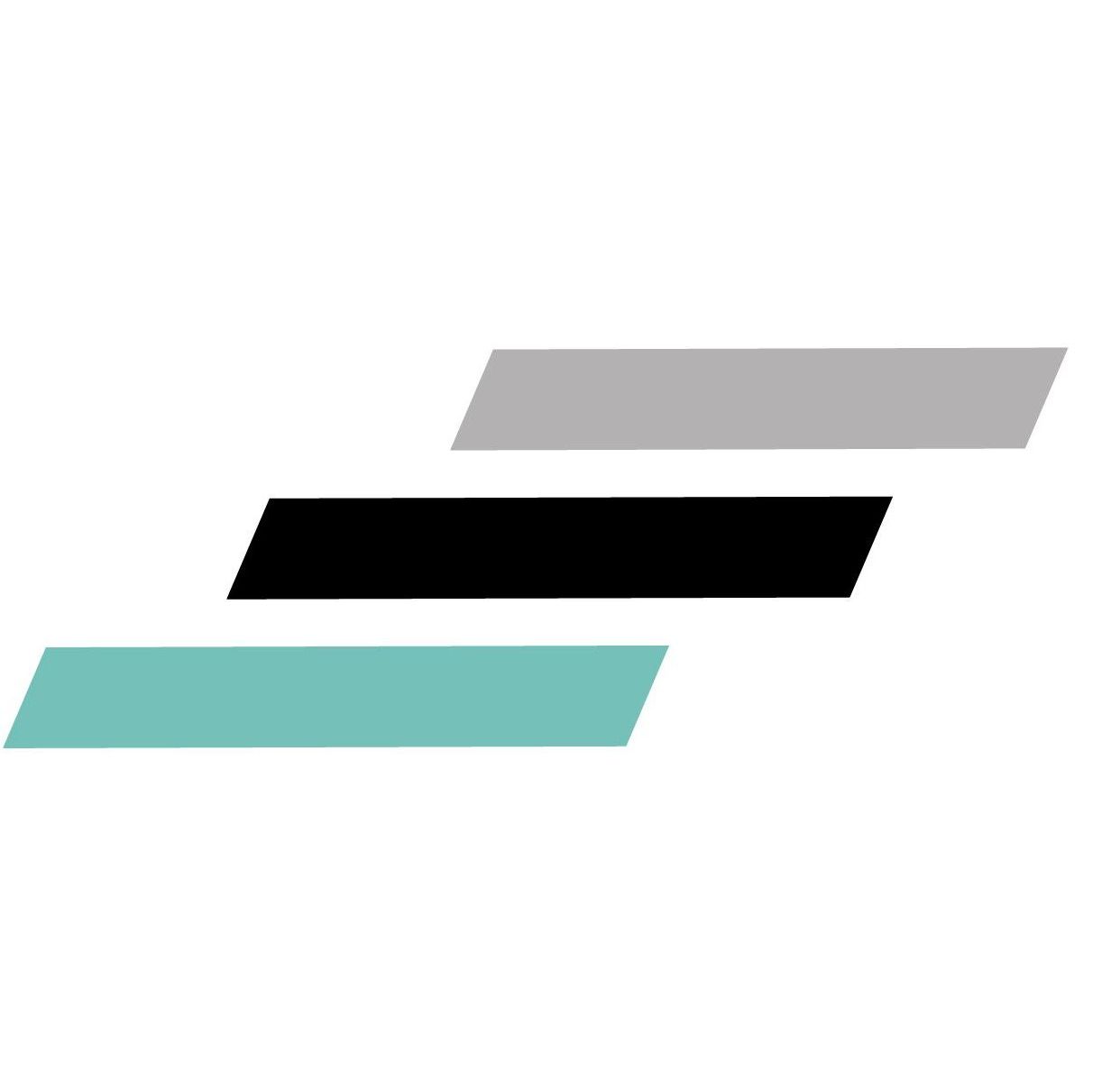 Three offset, slanted rectangular bars, teal, black, and gray.
