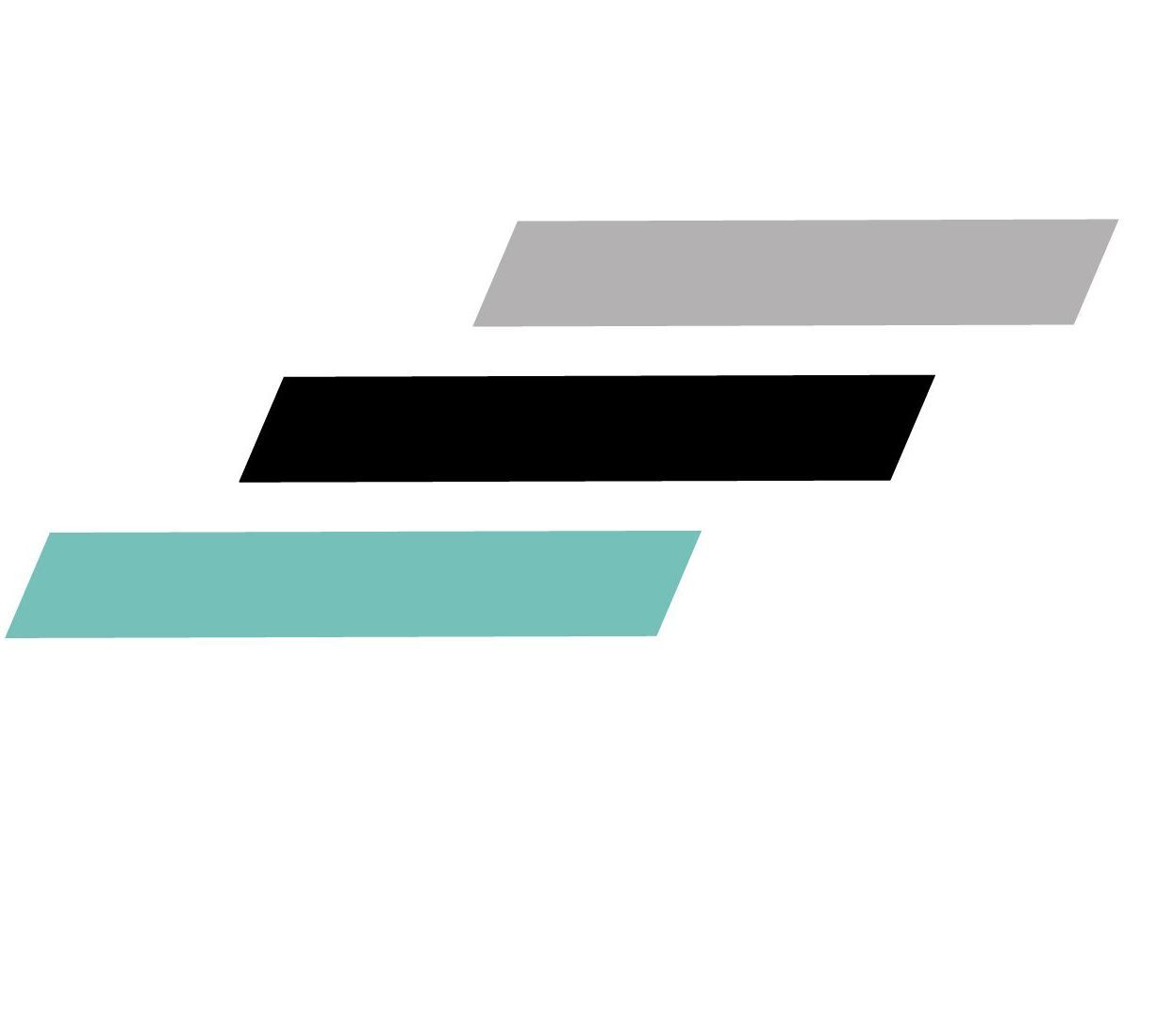 Three stacked, slanted rectangles: teal, black, and gray.