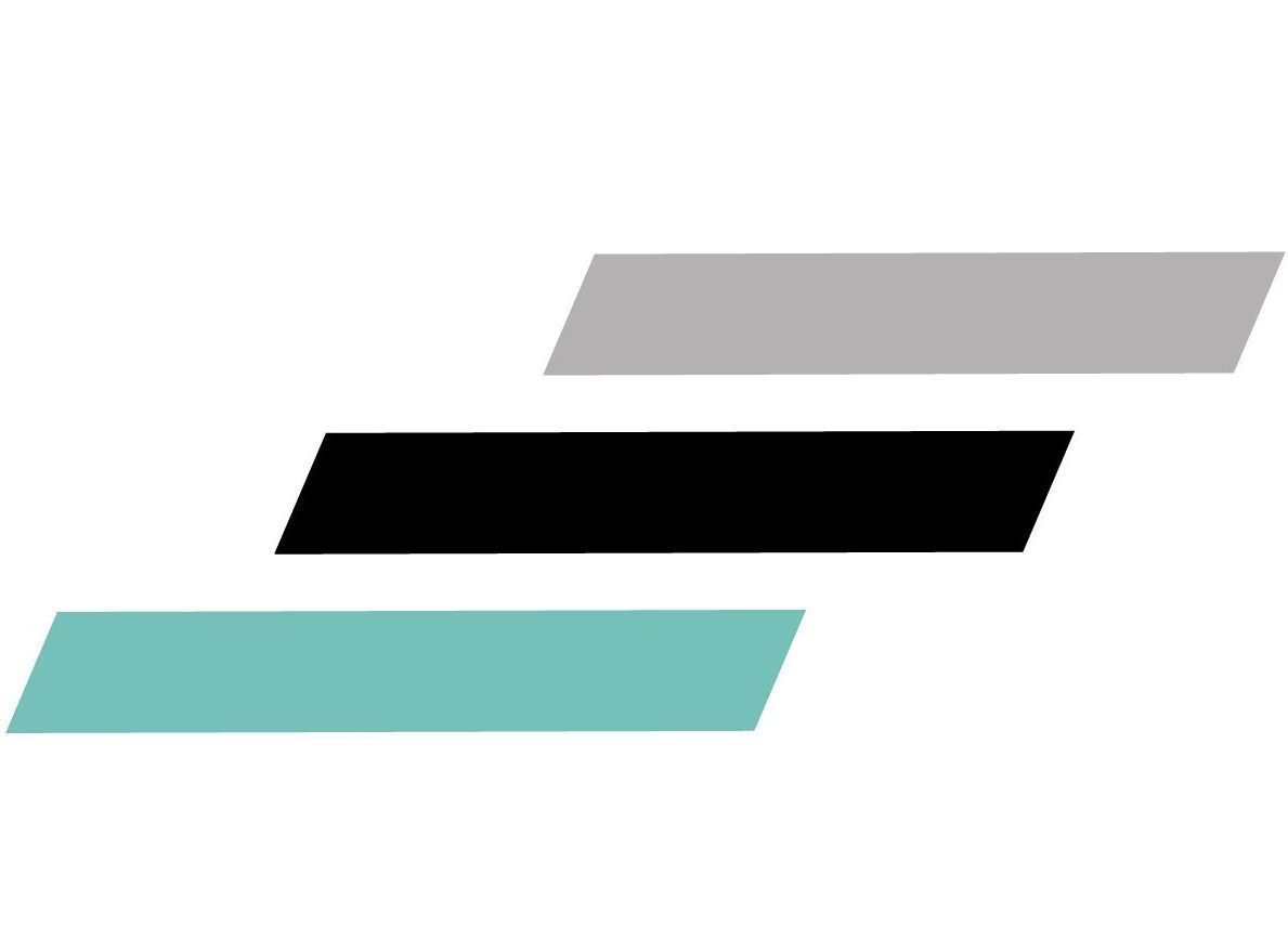 Three offset, tilted rectangles: teal, black, and gray.