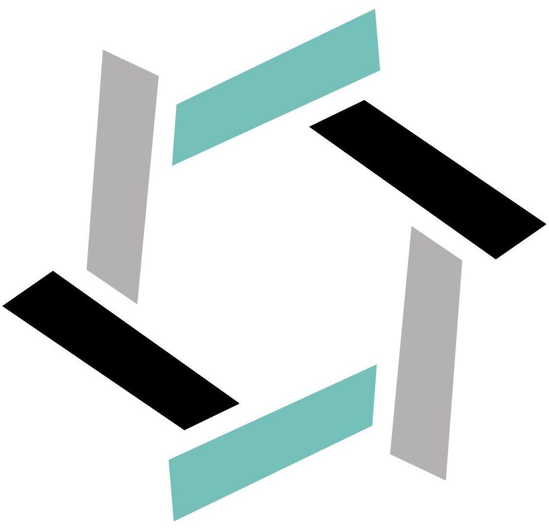 Interlocking geometric shapes in gray, teal, and black, forming a hexagon-like design.