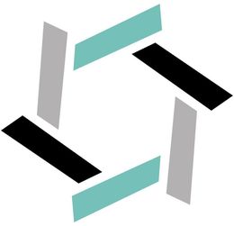 Interlocking abstract shapes in teal, black, and gray, forming a circular pattern.