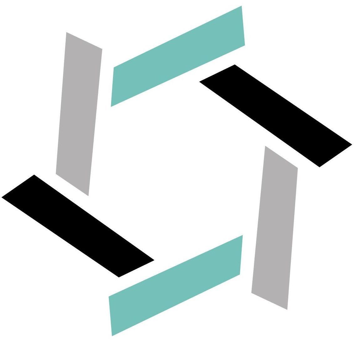 Abstract geometric design with interlocking teal, gray, and black rectangles arranged in a hexagon shape.