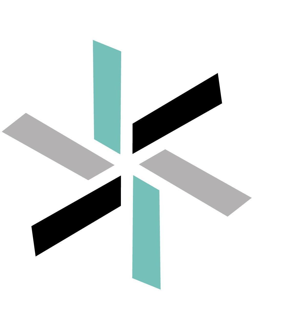 Six-pointed star made of alternating colored rectangles: teal, black, and gray, radiating from a central point.