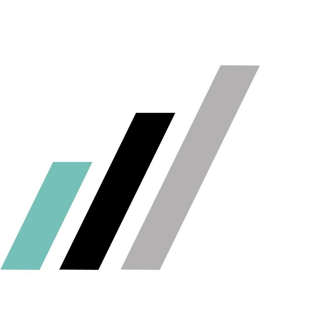 Three colored bars increasing in size: teal, black, and gray, diagonally ascending, suggesting growth or progress.