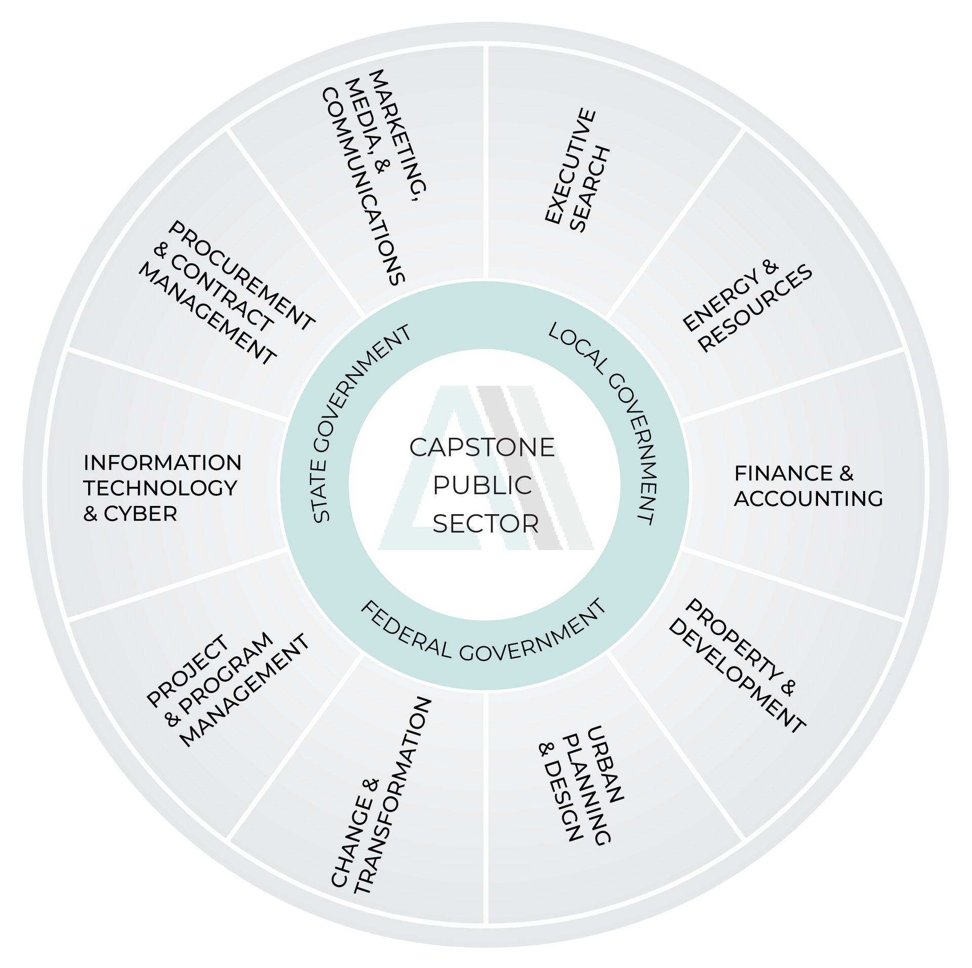 A circular diagram showing Capstone Public Sector surrounded by State, Local, and Federal Government sectors, each with related areas like finance, IT, and marketing.