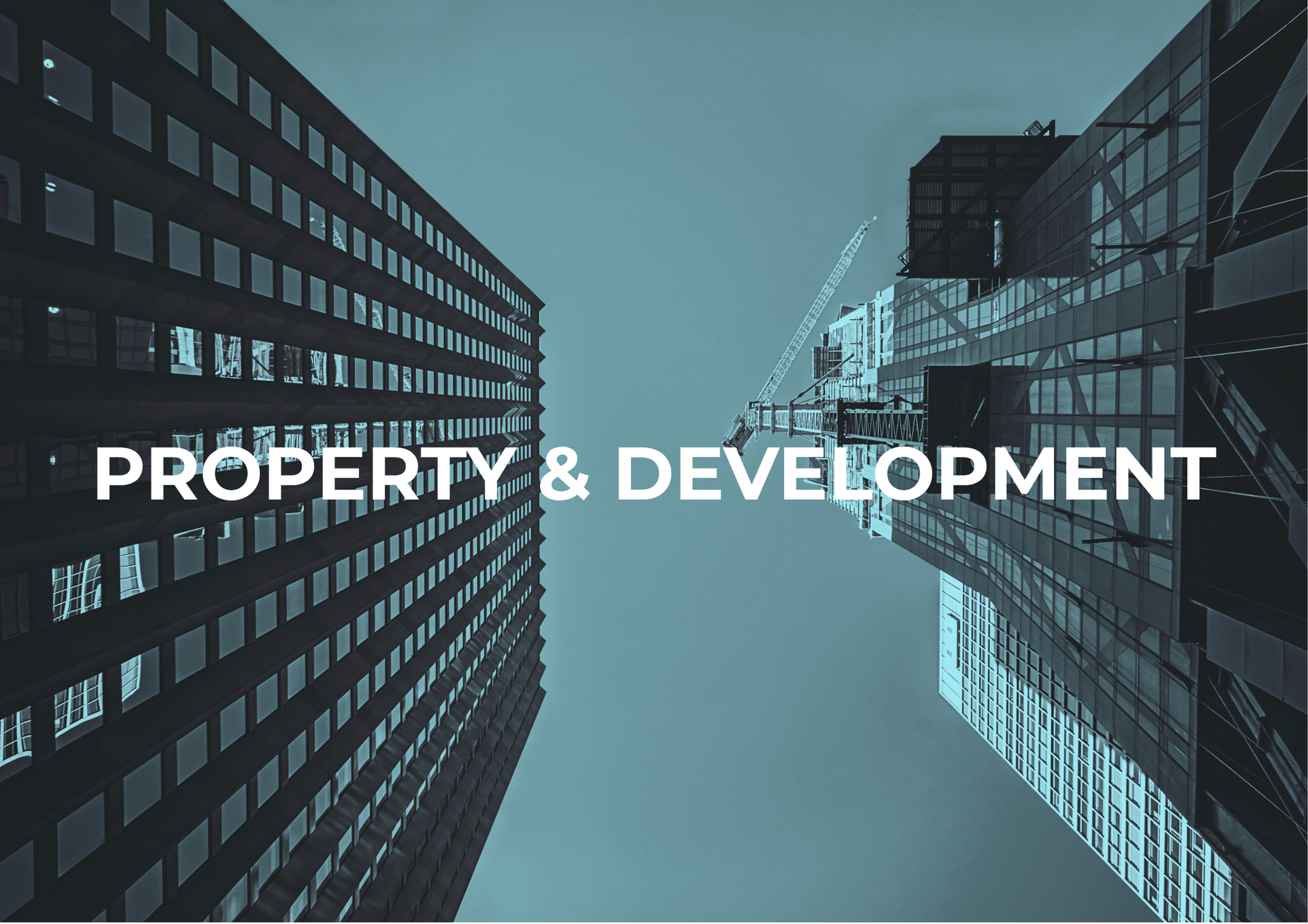 Two skyscrapers from a low angle, text 