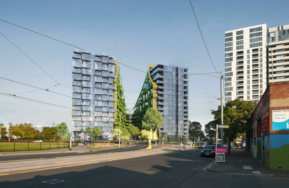 An artist 's impression of a city street with tall buildings in the background.