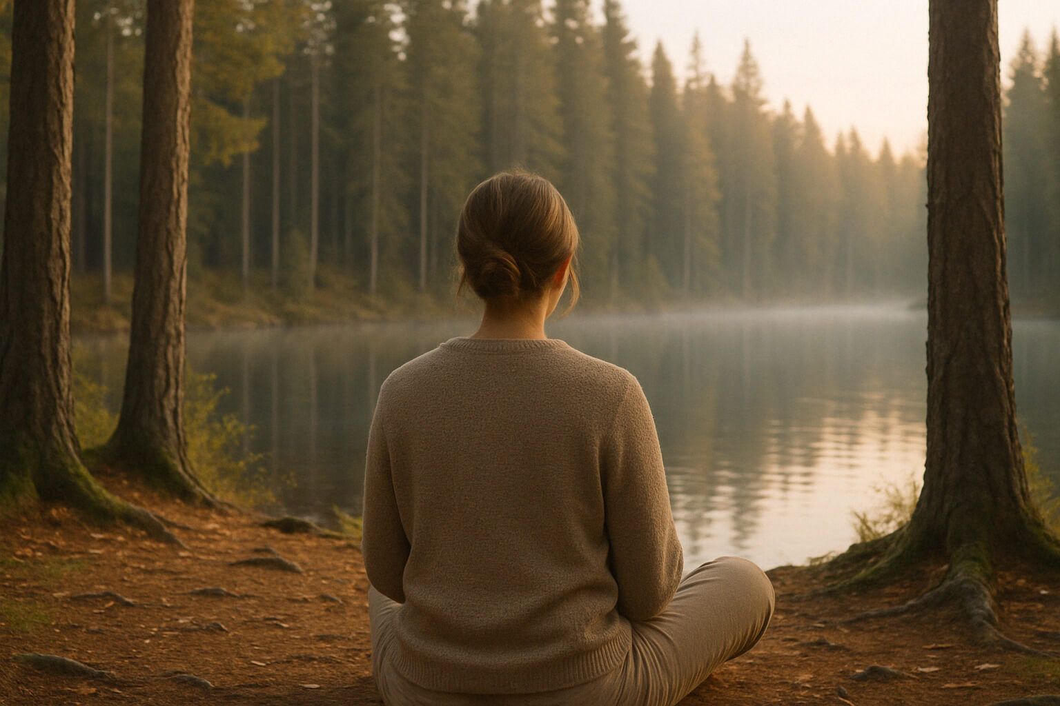 Una mujer está sentada en el suelo frente a un lago en el bosque.