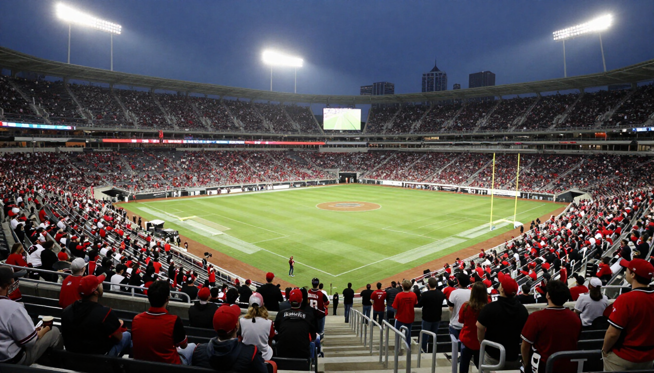 Atlanta football stadium under lights with fans