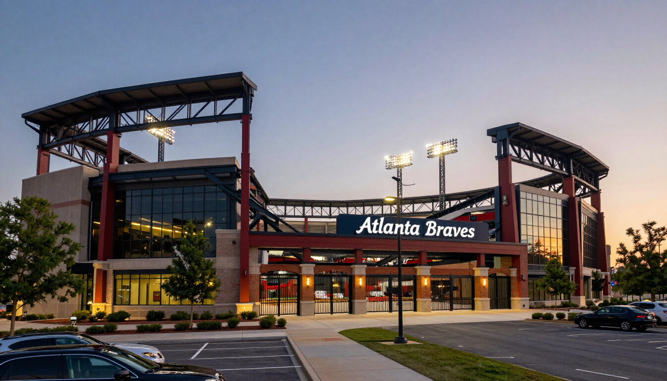 Baseball stadium exterior at dusk