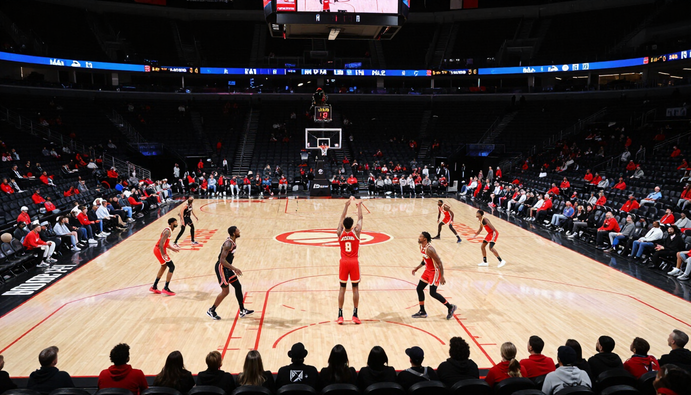 Basketball arena mid-game action