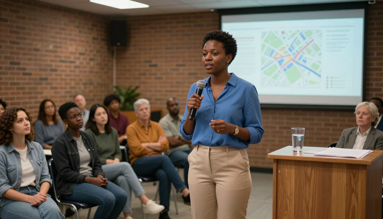 Community organizer speaking at a neighborhood meeting