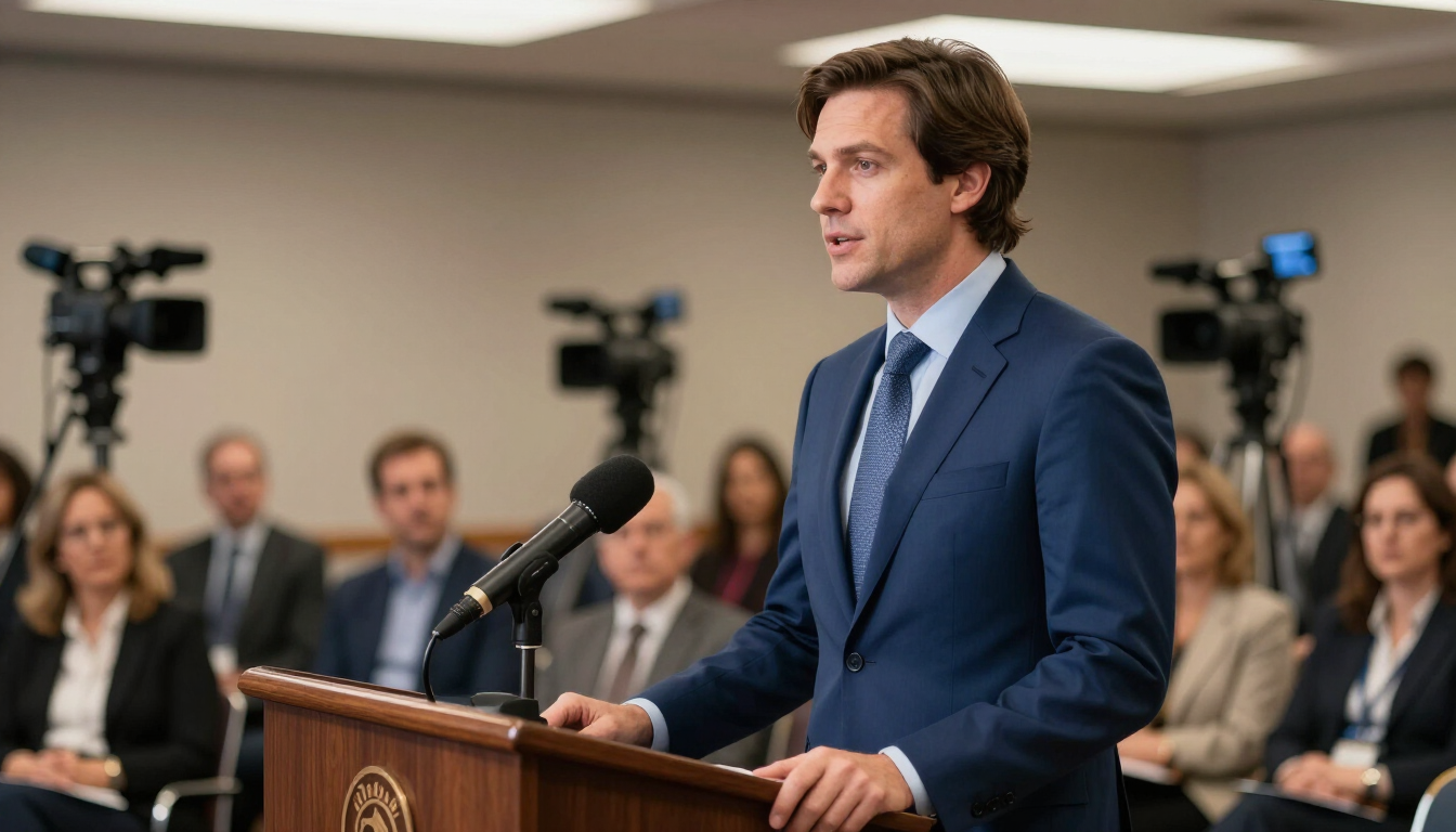 Reporter at podium
