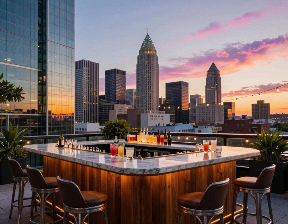 Rooftop bar overlooking Midtown Atlanta skyline
