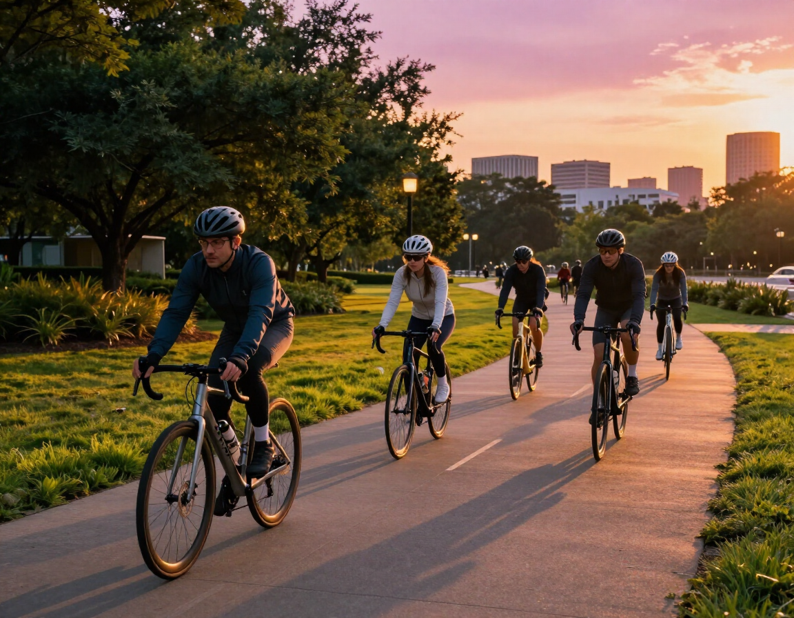 Cyclists riding the Atlanta BeltLine at sunset