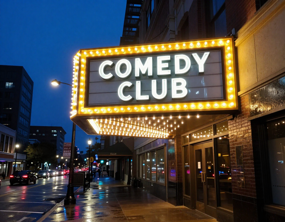 Comedy club marquee at night in Midtown Atlanta