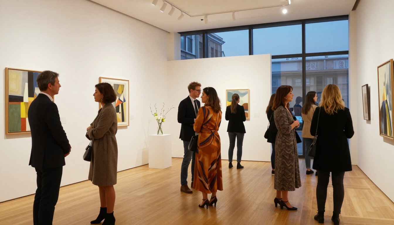 Gallery opening with visitors viewing paintings