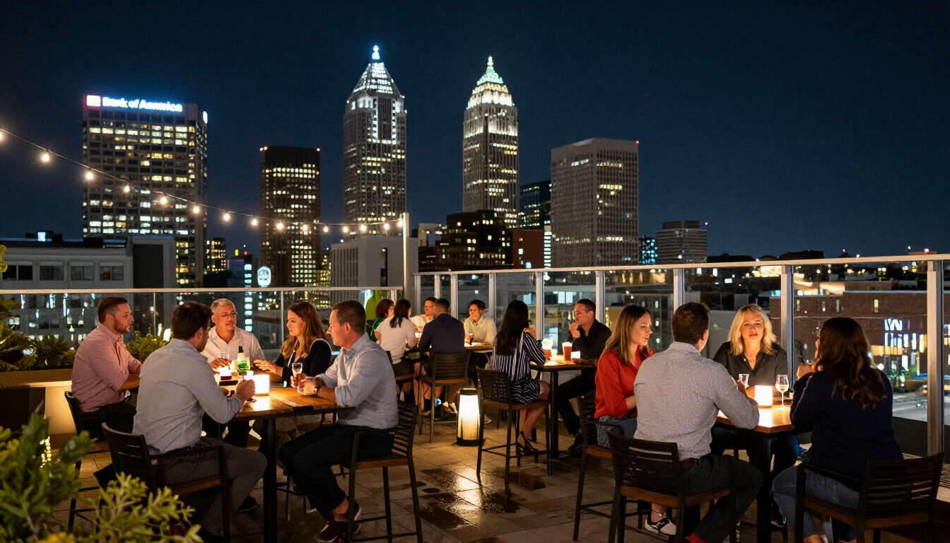 Crowded rooftop bar at night with city skyline