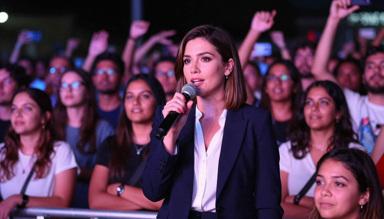 Reporter with mic at a concert crowd