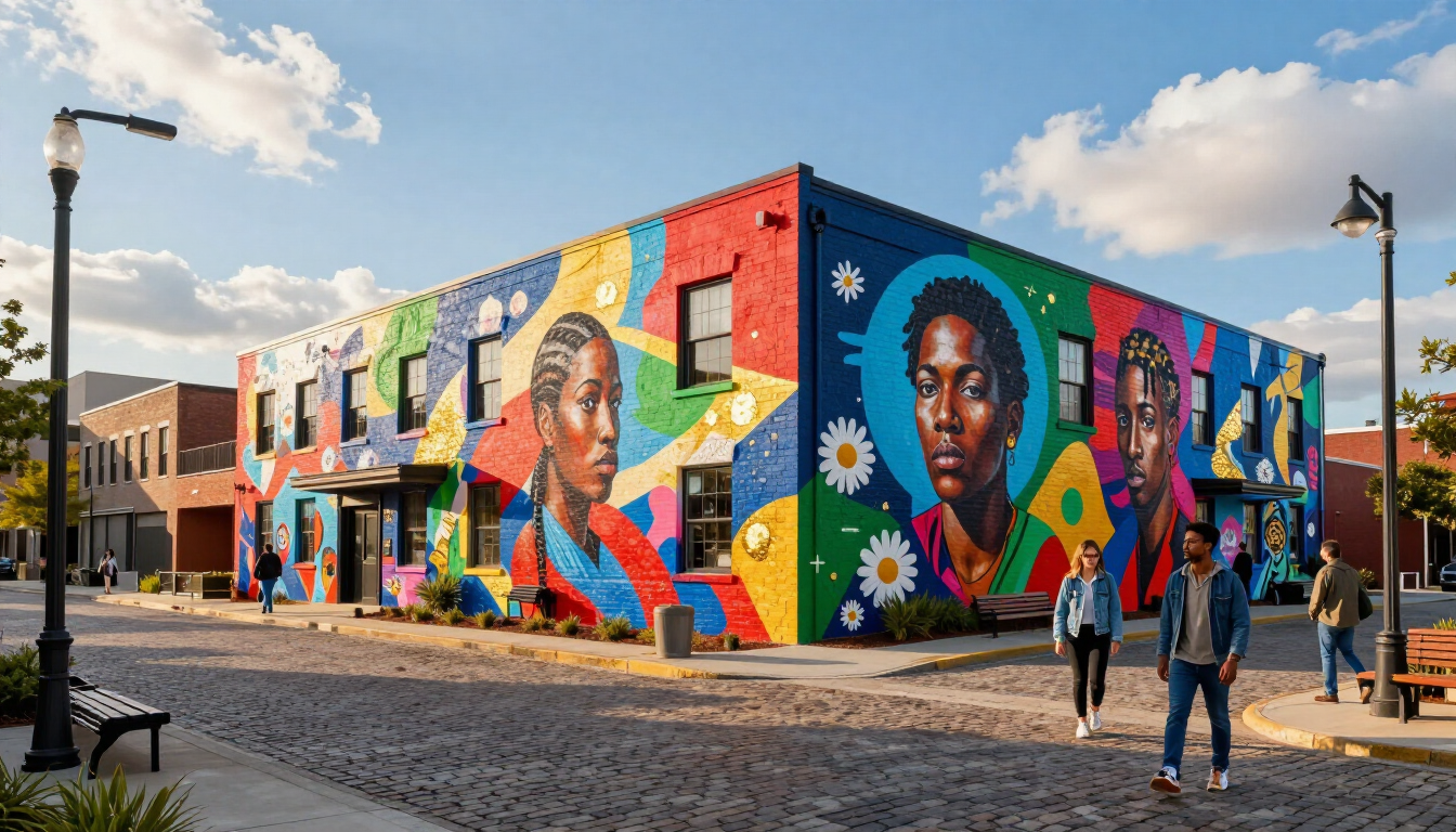 Mural-lined street in a creative district