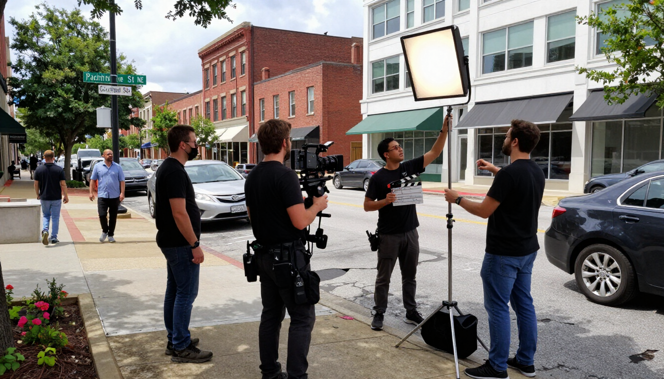Film crew setting up a shot on an Atlanta street