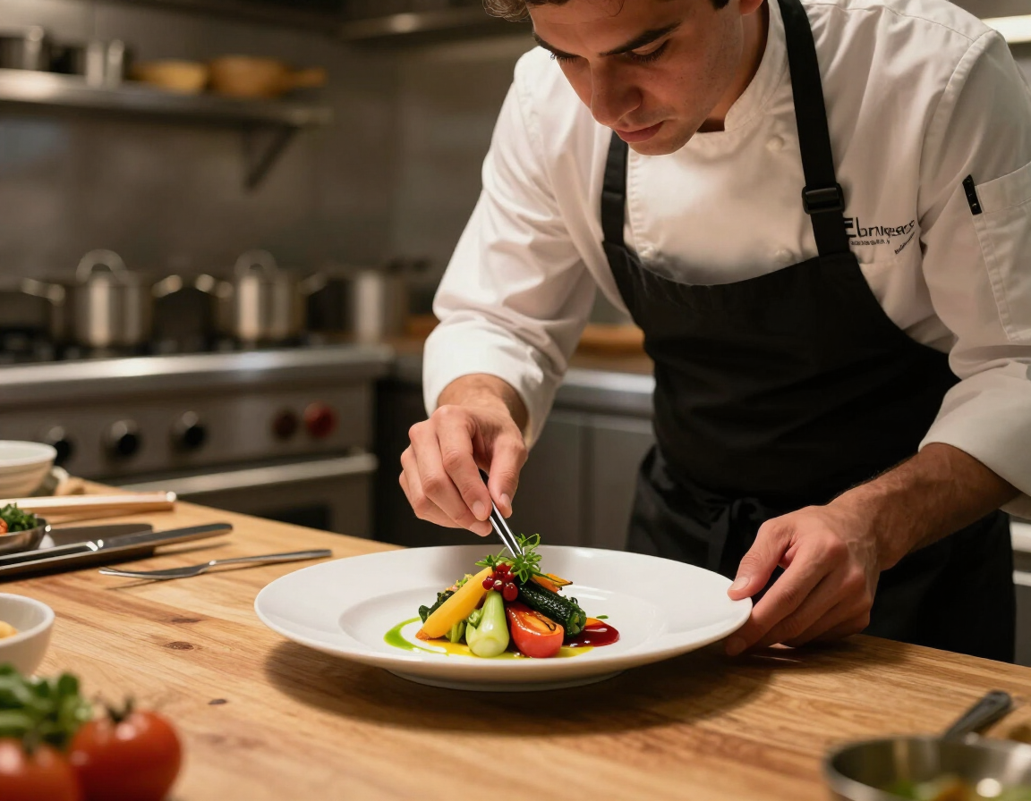 Chef plating a dish in an open kitchen