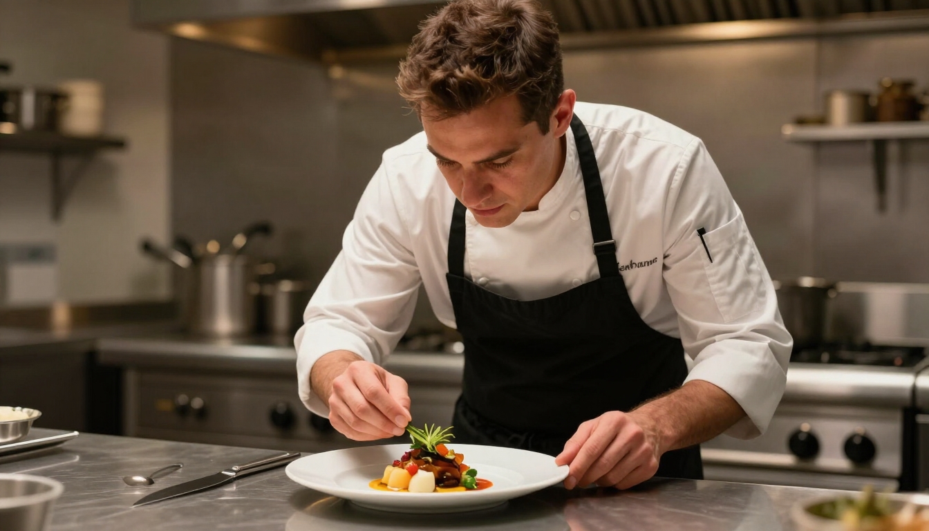 Chef plating a dish in an open kitchen