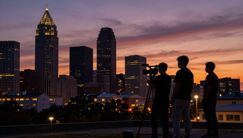 Downtown Atlanta skyline at dusk with a news crew